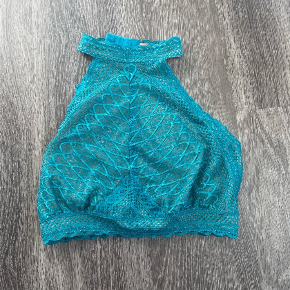 Saki Silver Blue Teal Lace High Neck Bralette